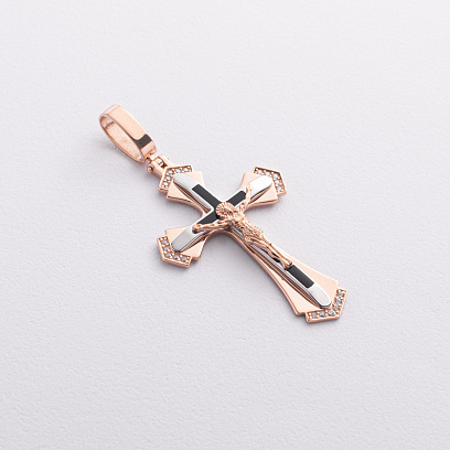 Православний золотий хрест "Розп'яття. Спаси і Збережи" (емаль, фіаніти) 270124Е