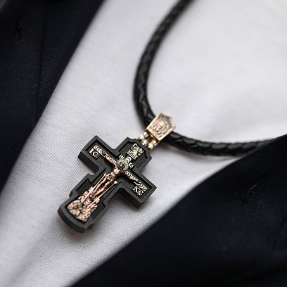 Золотий хрест "Розп'яття. Пресвята Богородиця" з ебеновим деревом 632зч №3