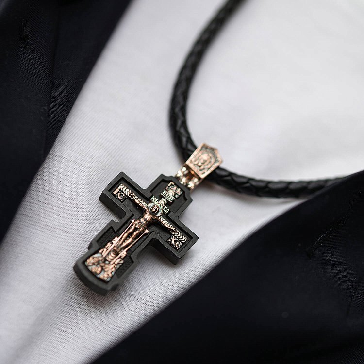 Золотий хрест "Розп'яття. Пресвята Богородиця" з ебеновим деревом 632зч від ювелірного магазину Онікс - 3