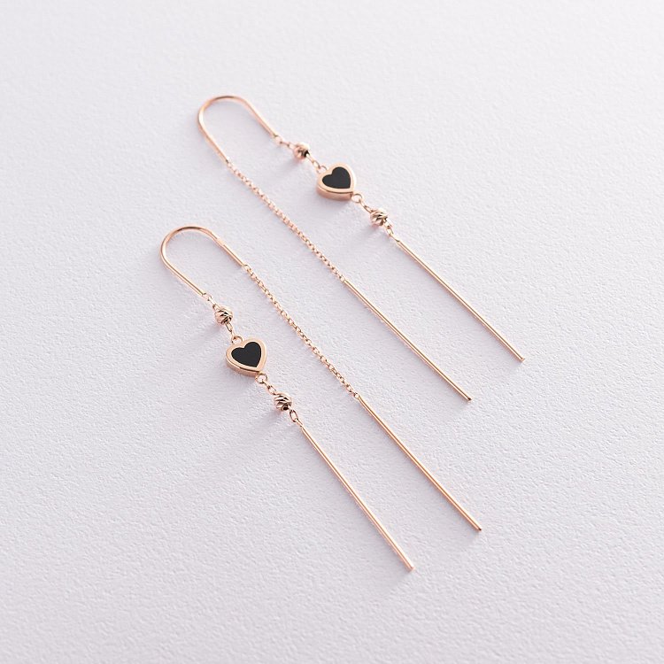 Золотые серьги - протяжки "Сердечки" (эмаль) с07351 от ювелирного магазина Оникс