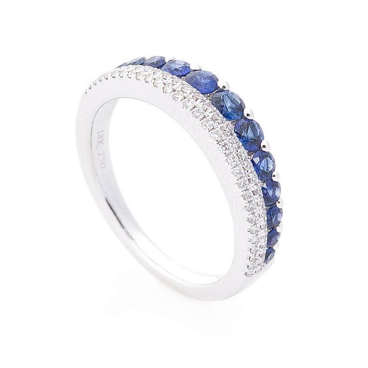 Золоте колечко з синіми сапфірами і діамантами кб0186лг від ювелірного магазину Онікс