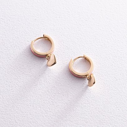 Детские золотые серьги "Сердечки" с розовой эмалью с08115 №3