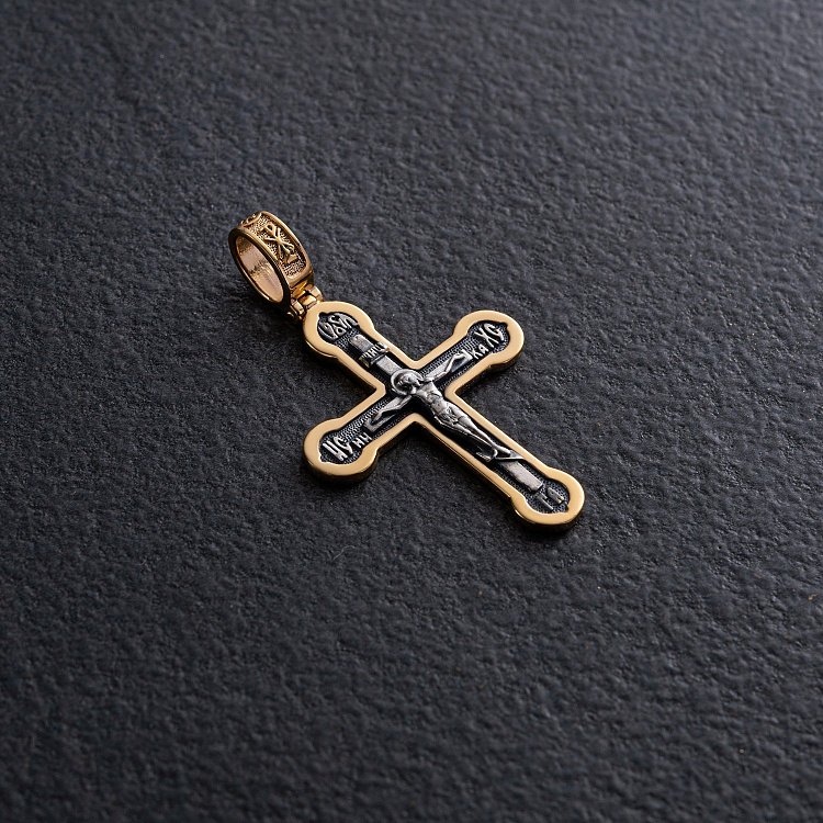 Серебряный крестик "Распятие. Спаси и сохрани" (чернение, позолота) 132527 от ювелирного магазина Оникс - 2