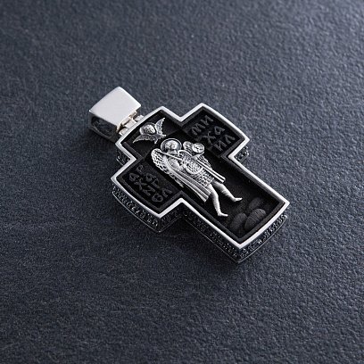 Чоловічий православний хрест "Спас Нерукотворний. Архангел Михаїл" з ебенового дерева та срібла 133230 №3