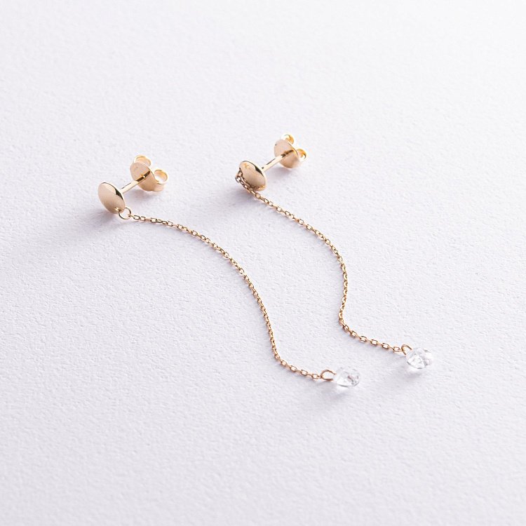 Сережки - пусети "Фіаніт на ланцюжку" у жовтому золоті с08021 від ювелірного магазину Онікс - 3