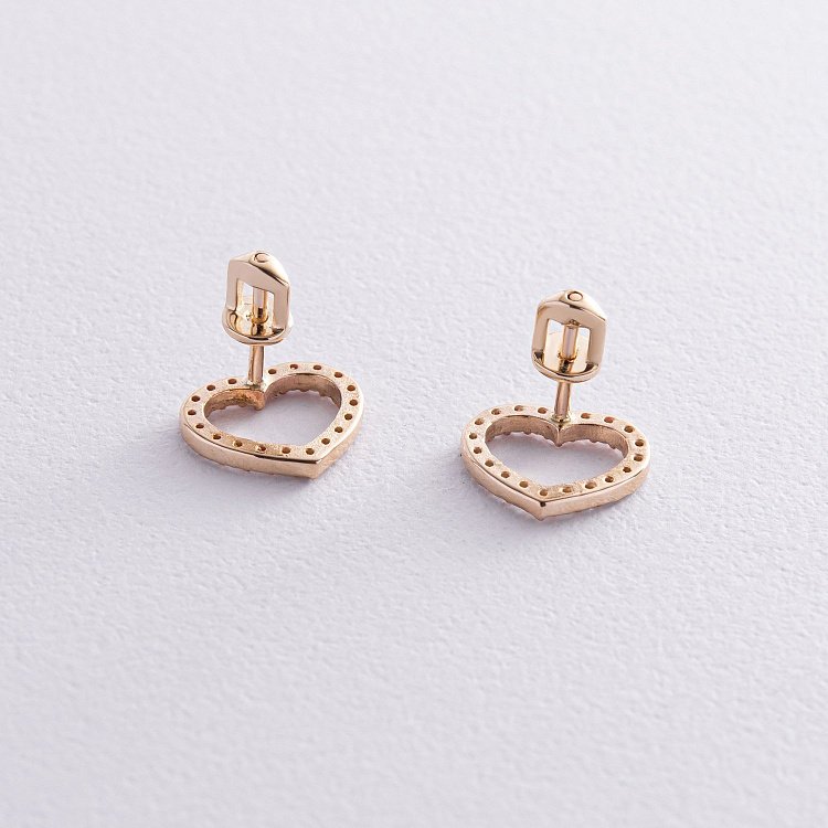 Золоті сережки - пусети "Сердечки" з фіанітами с08443 від ювелірного магазину Онікс - 2