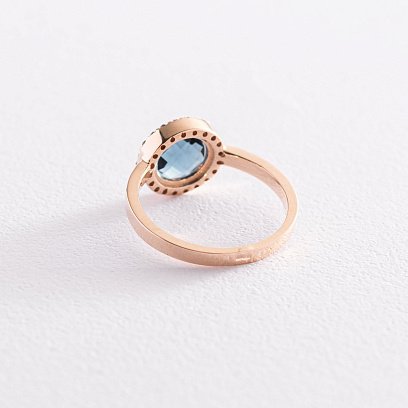 Золота каблучка з білими і синіми фіанітами к06831 №4