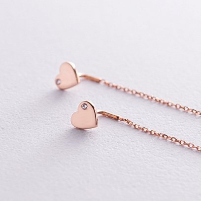 Золоті сережки - протяжки "Сердечки" з фіанітами с08256 №4