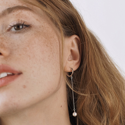 Серьги - кольца "Жемчужина на цепочке" в белом золоте с08357 №7