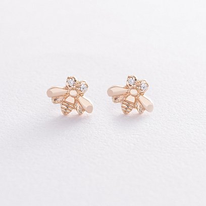 Серьги - пусеты "Пчелки" в желтом золоте (фианиты) с08570