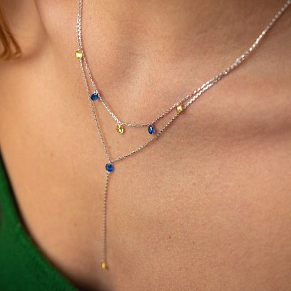 Подвійне золоте кольє - краватка "Українка" (сині та жовті фіаніти) кол02332 №8