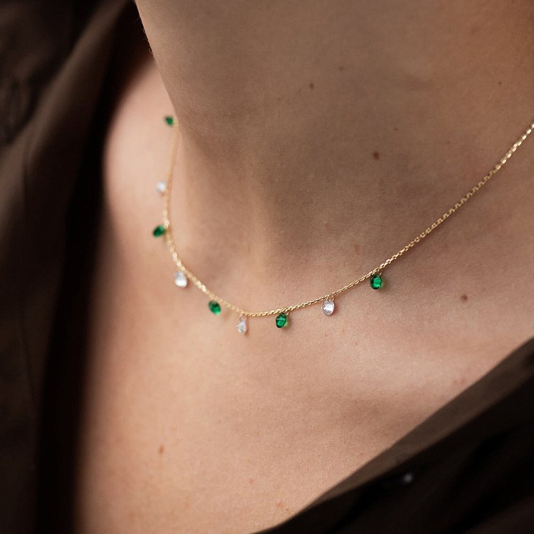 Кольє у жовтому золоті (зелені та білі фіаніти) кол02308 від ювелірного магазину Онікс - 7