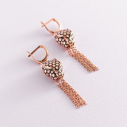 Золоті сережки "Пантери" (емаль, фіаніти) с07715 №5