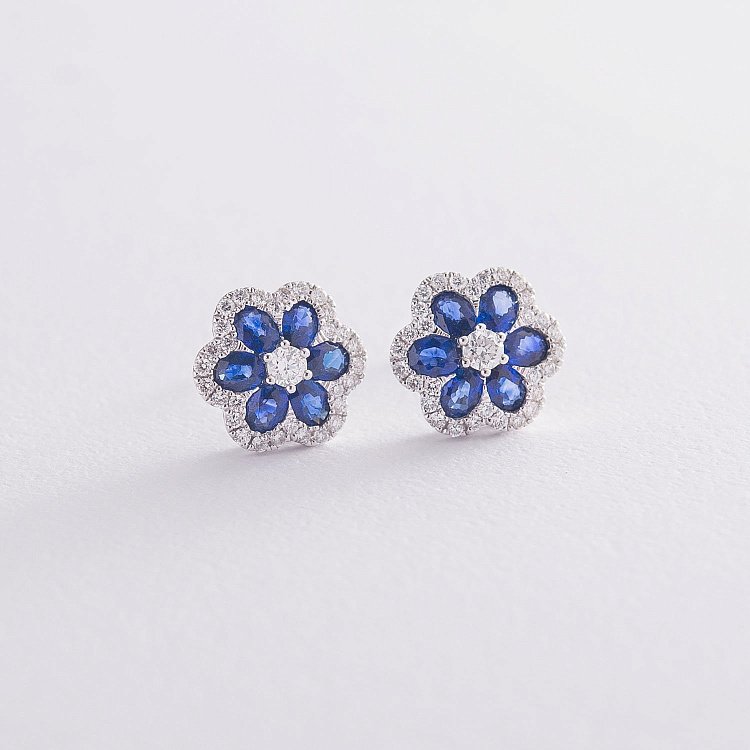 Золоті сережки-пусети "Квіточки" (сапфір, діамант) сб0199mi від ювелірного магазину Онікс