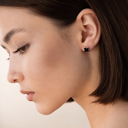 Серебряные серьги - пусеты "Клевер" (черная эмаль) 123049 №3