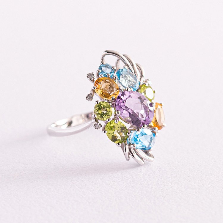 Золота каблучка (діаманти, цитрин, топаз блакитний, хризоліт, аметист) к416 від ювелірного магазину Онікс - 2