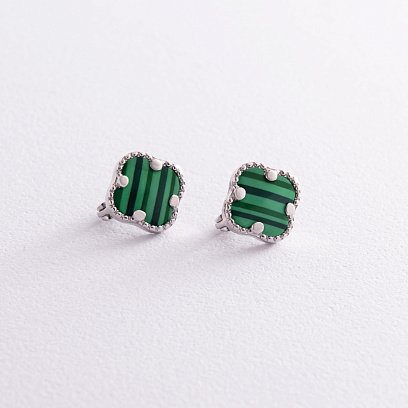 Серебряные серьги "Клевер" синт. малахит 121589 №3