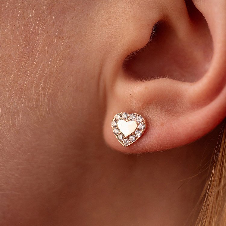 Серьги - пусеты "Сердечки" с фианитами (красное золото) с03203 от ювелирного магазина Оникс - 3