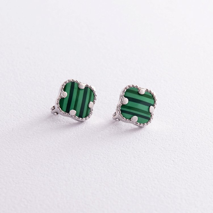 Серебряные серьги "Клевер" синт. малахит 121589 от ювелирного магазина Оникс - 2