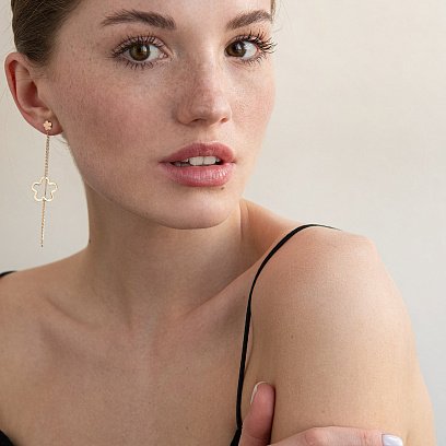 Золотые серьги - пусеты на цепочке "Цветочки" с05956 №2