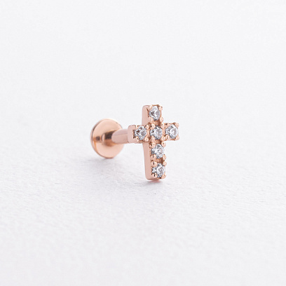 Одиночная золотая серьга для хеликса "Крестик" (фианиты) 1719ч