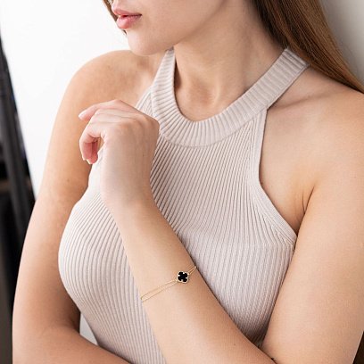 Золотой двойной браслет "Клевер" с ониксом б04824 №3