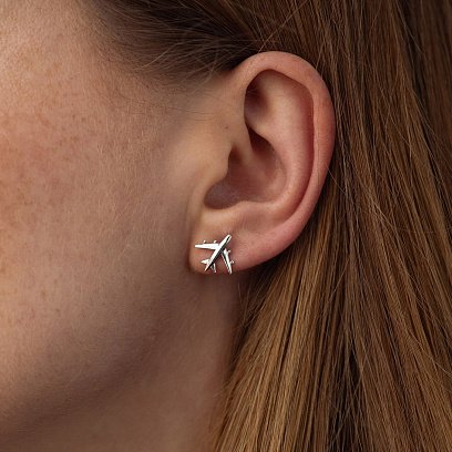 Серебряные серьги-пусеты "Самолетик" 122556 №2