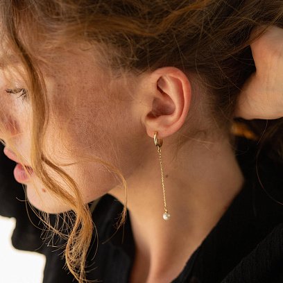 Серьги - кольца "Жемчужина на цепочке" в желтом золоте с08356 №8