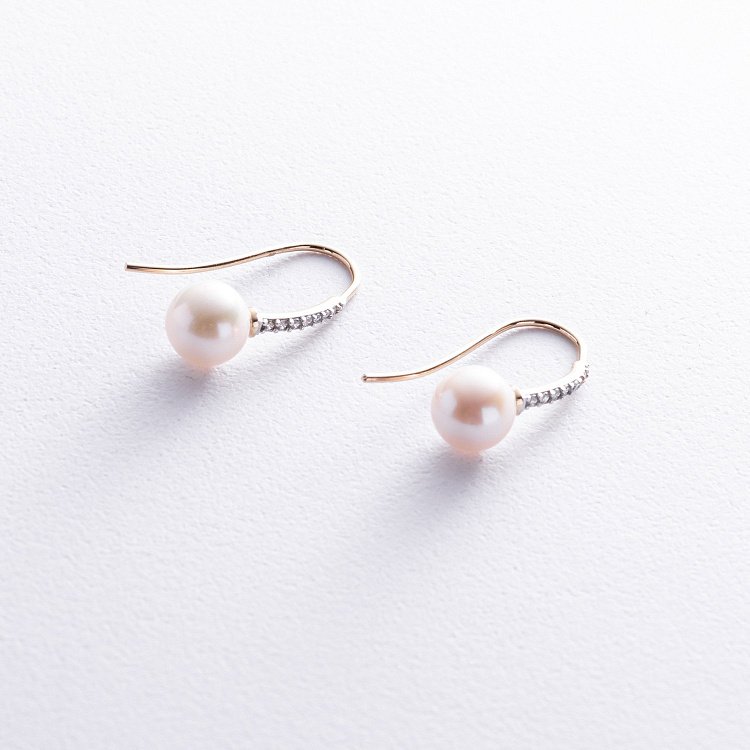 Золоті сережки - петельки "Олівія" з перлами і фіанітами с08516 від ювелірного магазину Онікс - 4