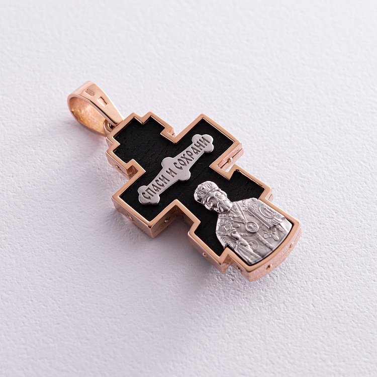 Мужской православный крест из эбенового дерева и золота "Распятие. Спаси и Сохрани" п0025 от ювелирного магазина Оникс - 5