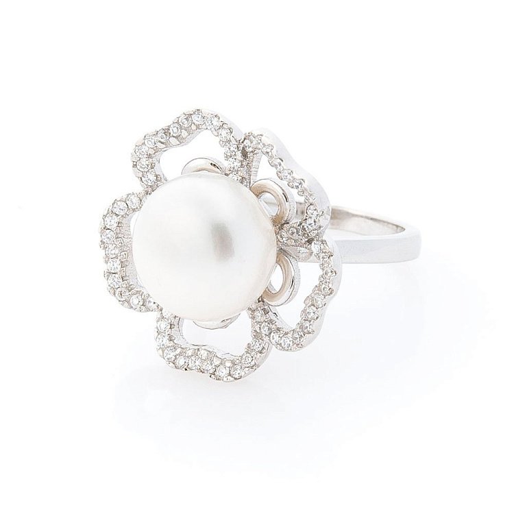 Срібний перстень "Квіточка" (культ. прісн. перли, фіаніти) 111789 Срібний перстень "Квіточка" (культ. прісн. перли, фіаніти) 111789 від ювелірного магазину Онікс