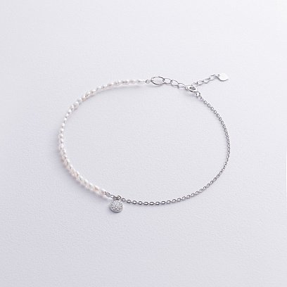 Серебряный браслет на ногу (культ. пресн. жемчуг, фианиты) 905-01603