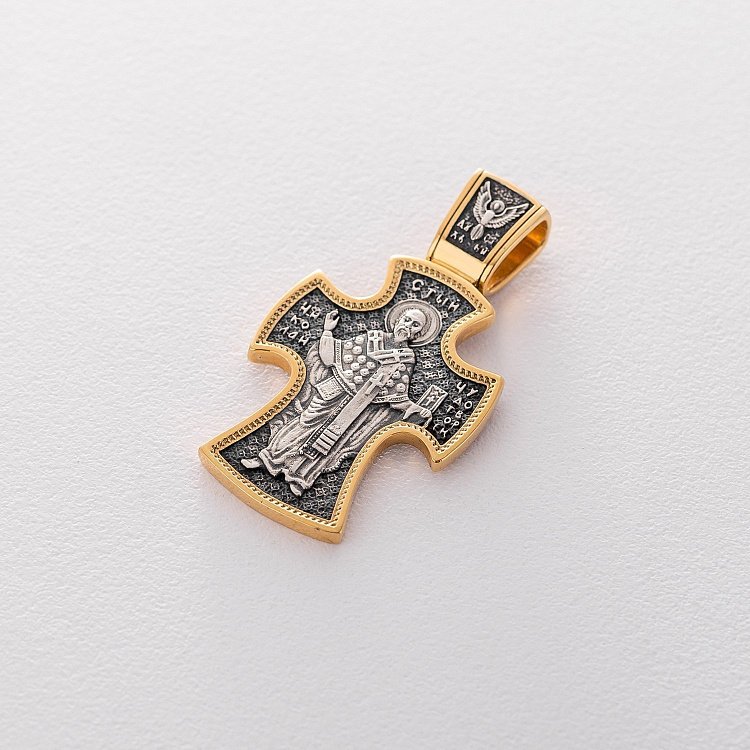Серебряный крест (чернение, позолота)"Распятие. Николай Чудотворец" 132768 от ювелирного магазина Оникс - 3