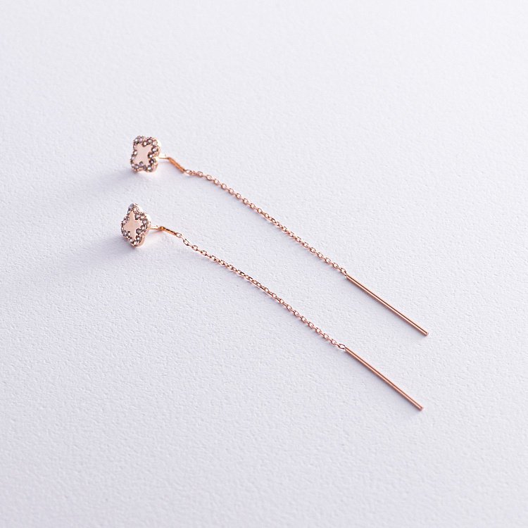 Золотые серьги - протяжки "Клевер" с фианитами с07951 от ювелирного магазина Оникс - 2