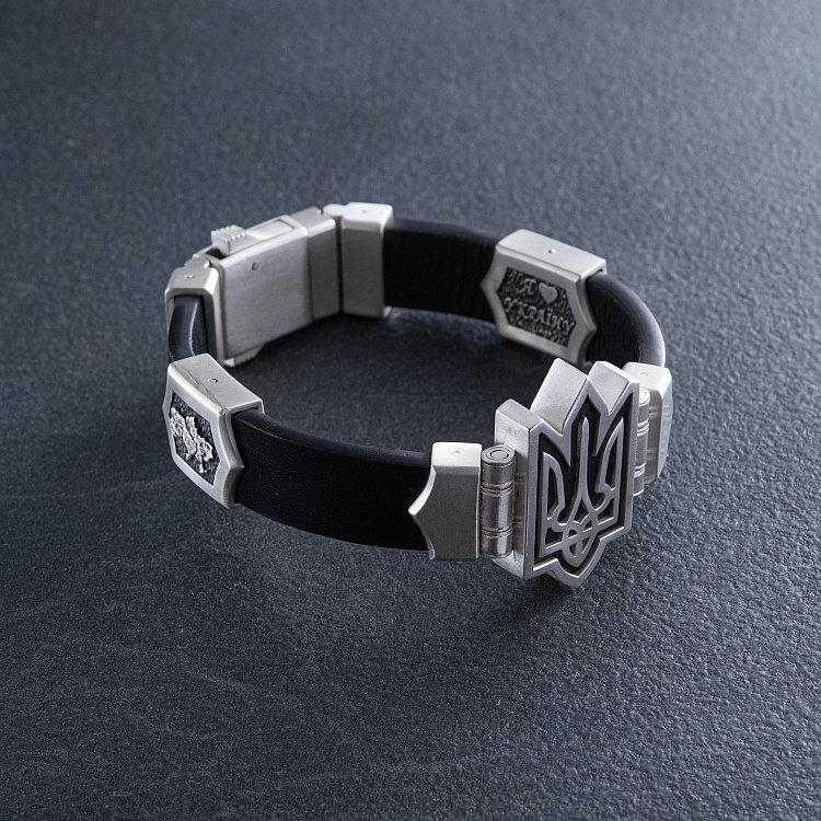 Мужской серебряный браслет "Герб Украины - Тризуб" (кожа, эбен) 1079 от ювелирного магазина Оникс