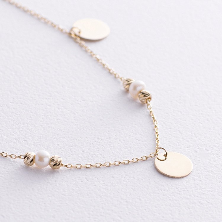 Браслет "Монетки и шарики" с жемчугом на ногу (желтое золото) б05368 от ювелирного магазина Оникс - 2