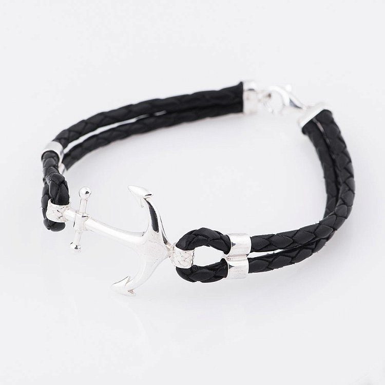 Шкіряний браслет в сріблі "Якір" 141146 від ювелірного магазину Онікс