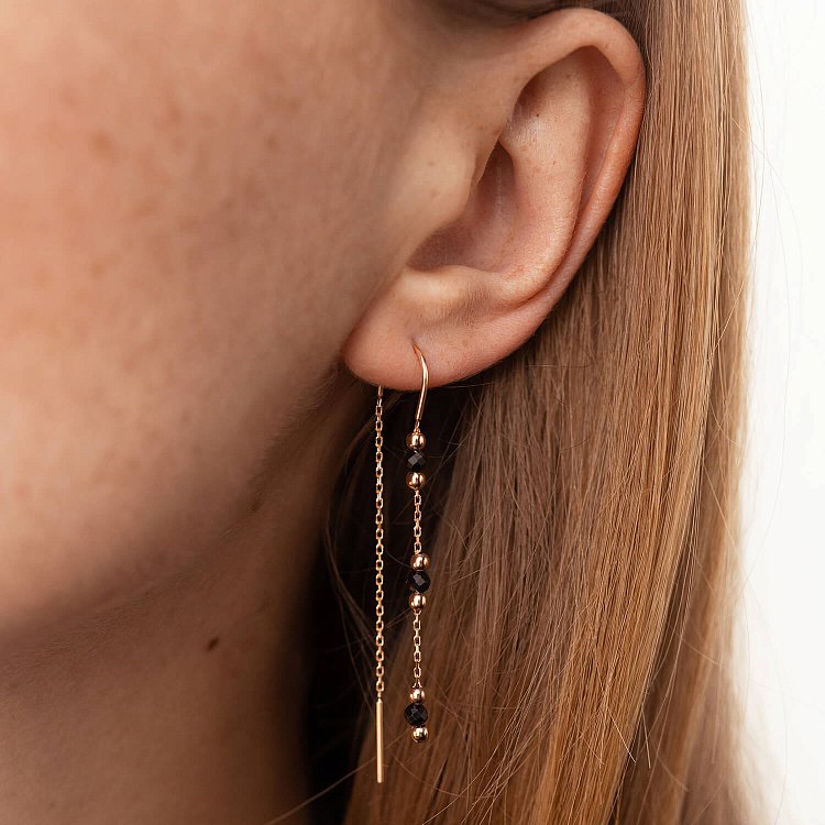 Золотые серьги - протяжки "Шарики" (черные фианиты) с07996 от ювелирного магазина Оникс - 3