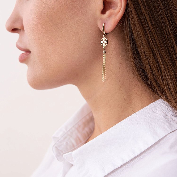 Висячие серьги "Клевер" в желтом золоте с07337 от ювелирного магазина Оникс - 1