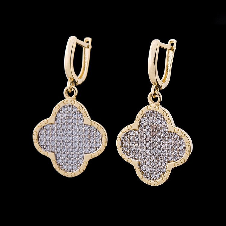 Золоті сережки "Конюшина" з фіанітами с04299 від ювелірного магазину Онікс