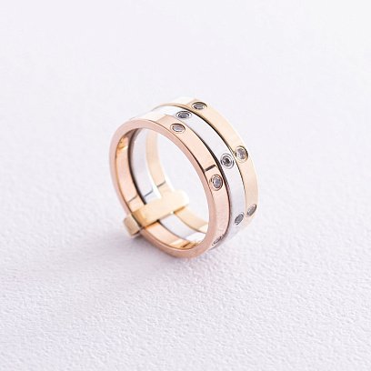 Потрійна жіноча каблучка з білого, червоного і жовтого золота з фіанітами к02205