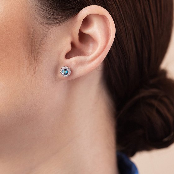 Срібні сережки - пусети з топазами "Лондон блакитний" і фіанітами 2112/9p-QLB №4