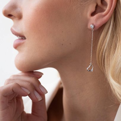 Золотые серьги "Сердечки" на цепочке (фианиты) с07705 №3