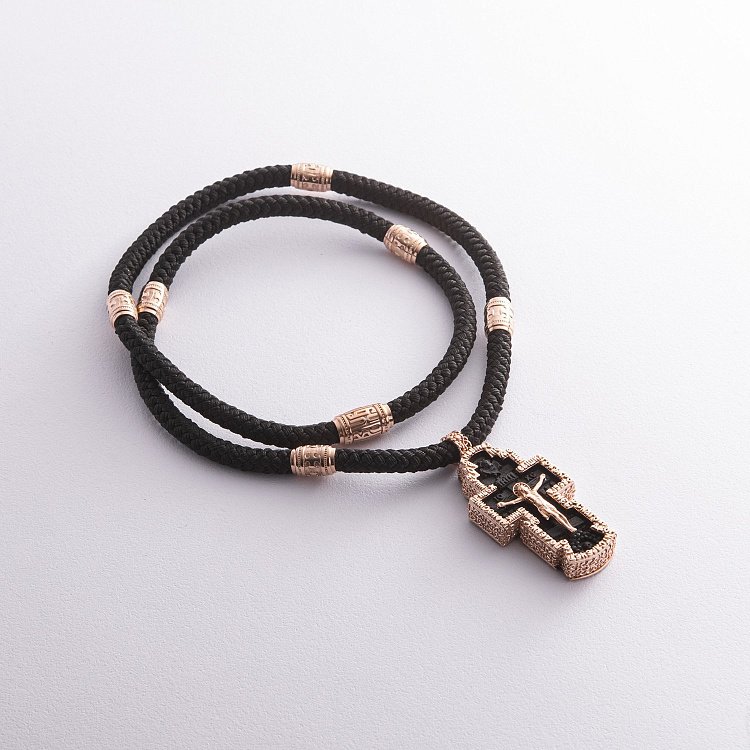 Чоловічий православний хрест "Розп'яття. Спаси та Збережи" з ебенового дерева та золота на шнурі кол02135 від ювелірного магазину Онікс - 5