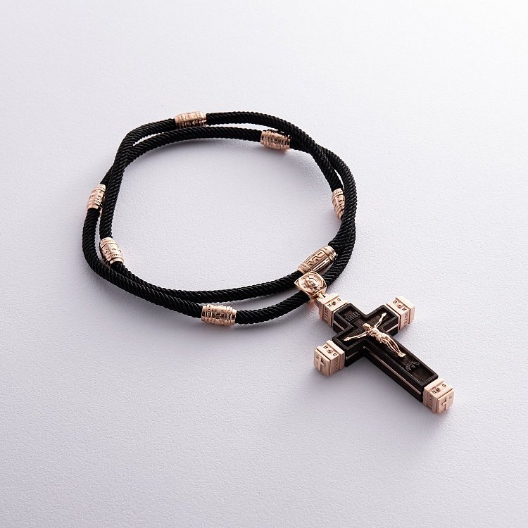 Чоловічий православний хрест з ебенового дерева та золота на шнурку кол02416 від ювелірного магазину Онікс - 3