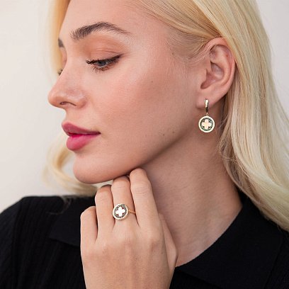 Каблучка "Конюшина" в жовтому золоті (чорні фіаніти) к06938 №2