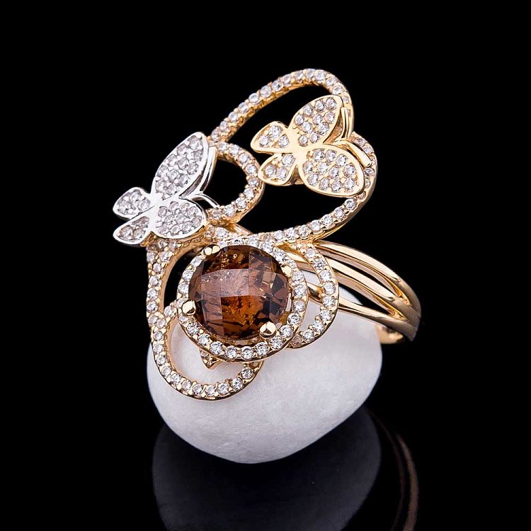 Золотое кольцо "Бабочки" с фианитами к04362 от ювелирного магазина Оникс - 3