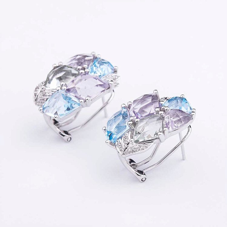 Золоті сережки з діамантами, аметистами і топазами E25030C від ювелірного магазину Онікс - 1