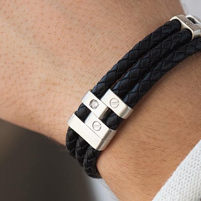 Мужской серебряный браслет с фианитами (кожа) 368 №3