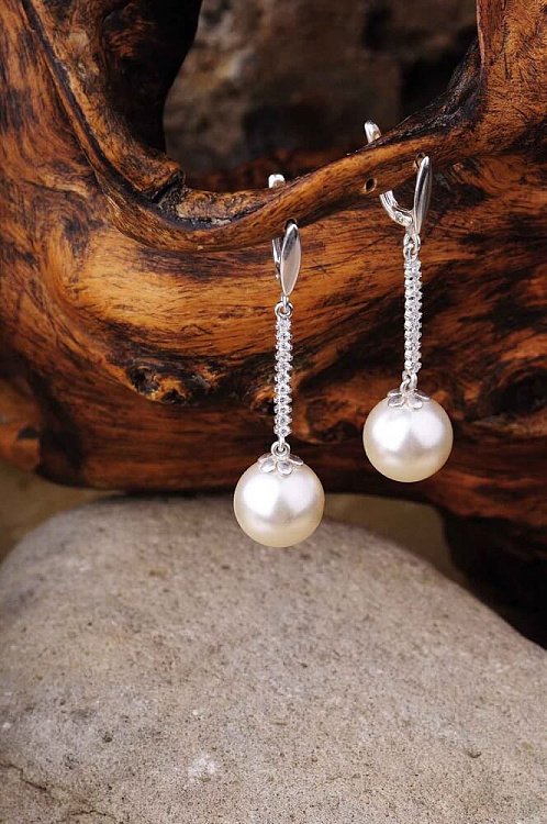 Серьги "Шарики" (фианит, искусственный жемчуг) 121043 от ювелирного магазина Оникс - 1